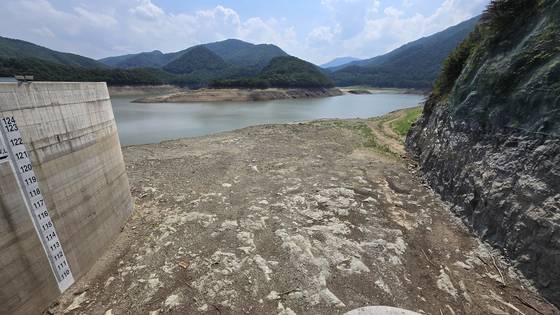 The riverbed and Obong Reservoir, a major water source in Gangneung, Gangwon, are exposed due to a drought on Aug. 24. [YONHAP]