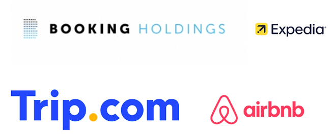 왼쪽 위부터 시계방향으로 부킹홀딩스, 익스피디아, 에어비앤비, 트립닷컴 로고