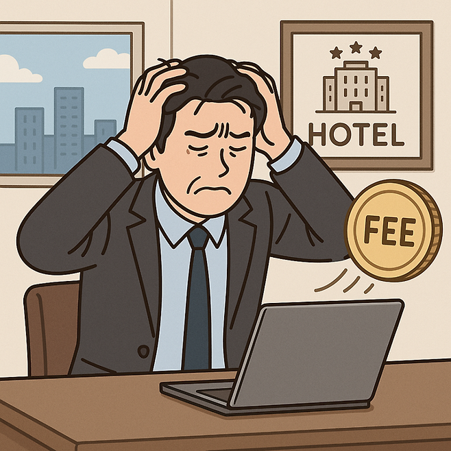 높은 수수료율 등으로 골머리를 앓는 국내 숙박업자의 모습을 AI로 표현했다 / 사진=챗 GPT