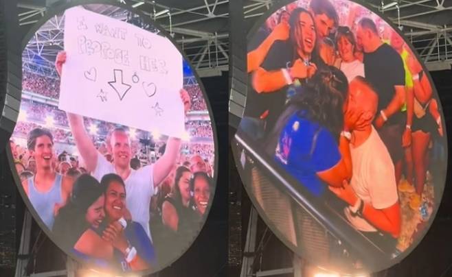 지난 22일(현지시간) 영국 런던 웸블리 스타디움에서 열린 록밴드 콜드플레이 콘서트 도중 대형 화면에 잡힌 커플의 모습. 남성이 ‘그녀에게 청혼하고 싶다’고 적힌 플래카드를 들고 있다(왼쪽). 오른쪽 사진은 청혼 이벤트 후 두 사람이 입을 맞추는 모습. 틱톡 캡처