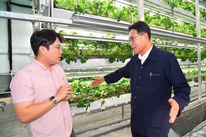 울주군수와 대화하는 장원규 아워즈팜 대표(왼쪽) [울산 울주군 제공. 재판매 및 DB 금지]