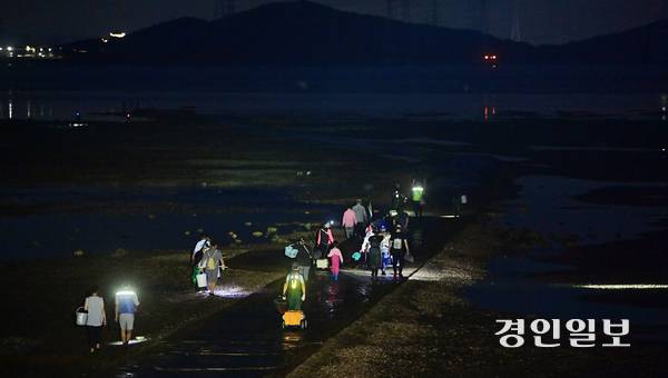 지난 22일 오후 7시30분께 인천시 옹진군 영흥면 내리에서 해루질을 하기 위해 모인 동호인들이 어촌계 어장 진입로를 이용해 갯벌로 들어가고 있다. 2025.8.22 /조재현기자 jhc@kyeongin.com