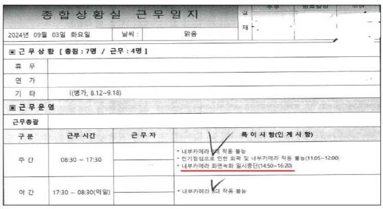 지난해 9월 3일 차담회 당일 종묘관리소 종합상황실 근무일지 〈자료: 김성회 더불어민주당 의원실 제공〉