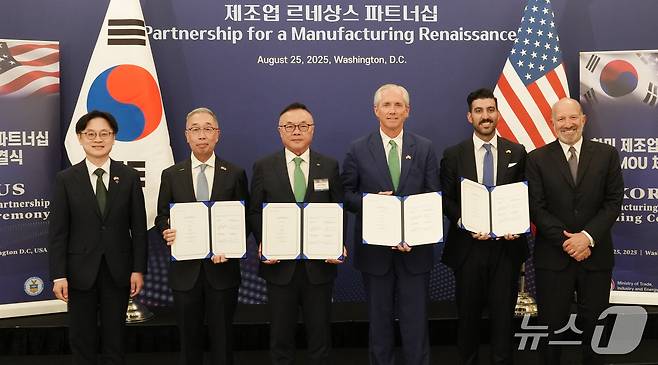 25일(현지시각) 미국 워싱턴 D.C.에서 ‘한미 비즈니스 라운드 테이블’ 직후 진행된 SMR 사업협력을 위한 양해각서(MOU) 체결식에서 참석자들이 기념촬영을 하고 있다. 왼쪽부터 김정관 산업통상자원부 장관, 박지원 두산에너빌리티 회장, 황주호 한수원 사장, 클레이 셀(Clay Sell) 엑스-에너지 CEO, 레이 포코우리(Ray Fakhoury) AWS 에너지정책 관리자, 하워드 러트닉(Howard Lutnick) 미국 상무부 장관.(두산에너빌리티 제공)