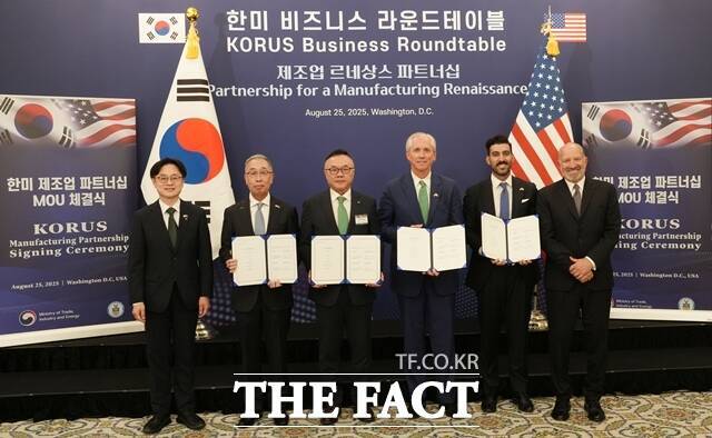 한미정상회담으로 대형원전 수주에 우호적이 환경이 조성되면서 국내 원전 기업인 두산에너빌리티가 수혜를 입을 것이란 전망이 나온다. 25일(현지시각) 미국 워싱턴 D.C.에서 ‘한미 비즈니스 라운드 테이블’ 직후 진행된 SMR 사업협력을 위한 양해각서(MOU) 체결식에서 참석자들이 기념촬영을 하고 있다. 사진 왼쪽부터 김정관 산업통상자원부 장관, 박지원 두산에너빌리티 회장, 황주호 한수원 사장, 클레이 셀 엑스-에너지 CEO, 섀넌 켈로그 AWS 부사장, 하워드 러트닉 미국 상무부 장관. /두산에너빌리