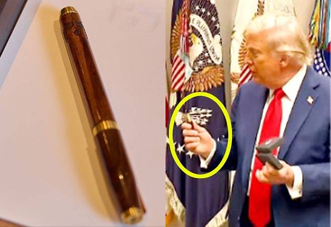< 만년필 선물 > 이재명 대통령이 25일(현지시간) 한·미 정상회담에 앞서 방명록을 작성할 때 쓴 만년필을 도널드 트럼프 대통령에게 선물했다. /YTN 캡처, 대통령실 제공