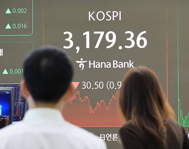 26일 서울 중구 하나은행 본점에서 직원들이 증시와 환율을 모니터하고 있다. 이날 코스피는 30.50p(0.95%) 내린 3,179.36로 장을 마쳤다. 2025.8.26 [사진 =  연합뉴스]