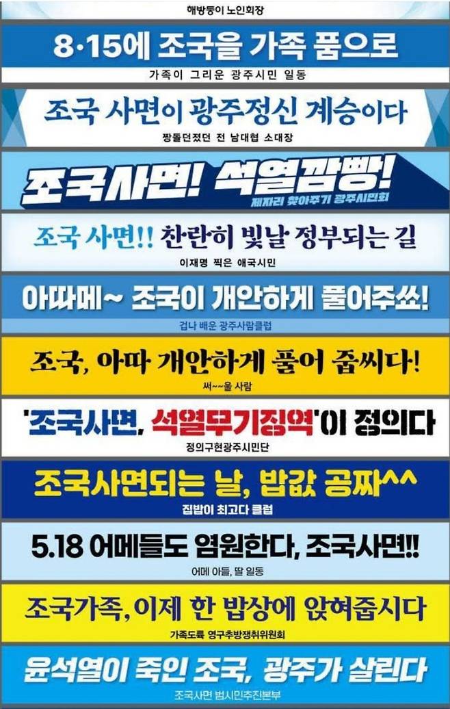 조국 조국혁신당 혁신정책연구원장이 공개한 현수막 모음. 페이스북 캡처