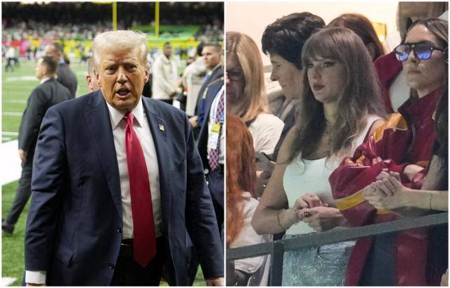 지난 2월 미국 루이지애나주 뉴올리언스 시저스 슈퍼돔 경기장에서 캔자스시티 치프스와 필라델피아 이글스의 슈퍼볼 경기를 관람 중인 트럼프 대통령과 팝스타 테일러 스위프트의 모습. 뉴올리언스=AP 연합뉴스