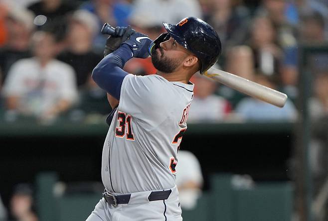 <yonhap photo-3595="">27일 번뜩이는 스윙으로 471피트 대형 만루 홈런을 때려낸 라일리 그린. [AFP=연합뉴스]</yonhap>