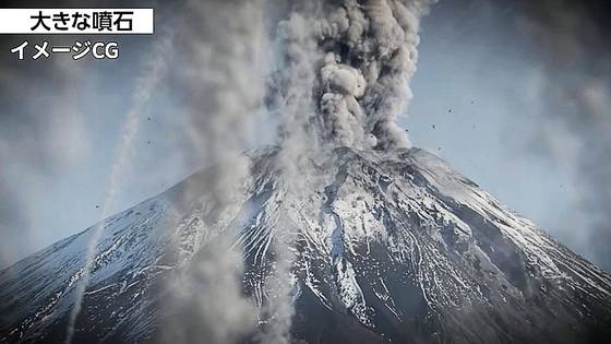 일본 정부가 26일 ‘화산방재의 날’을 맞아 후지산이 대규모 분화했을 경우 화산재 피해를 상상해볼 수 있는 CG(컴퓨터그래픽) 영상을 제작했다. 사진은 화산 폭발로 화산재가 떨어지는 모습. 사진 일본 내각부 유튜브 영상 캡처