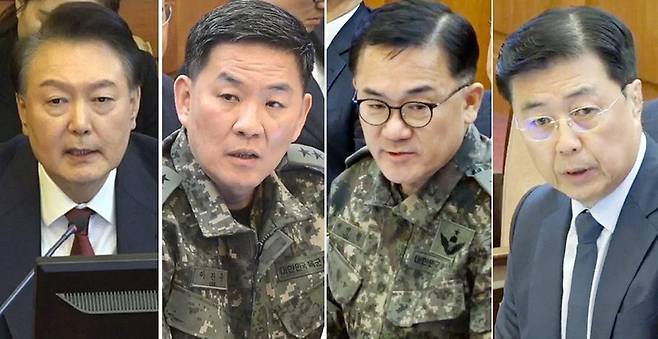 지난 2월4일 서울 종로구 헌법재판소에서 열린 윤석열 대통령 탄핵심판 5차 변론기일에서 윤 대통령과 증인들이 각각 발언하고 있다. 왼쪽부터 윤 대통령, 이진우 전 육군 수도방위사령관, 여인형 전 국군방첩사령관, 홍장원 전 국가정보원 1차장. 연합뉴스