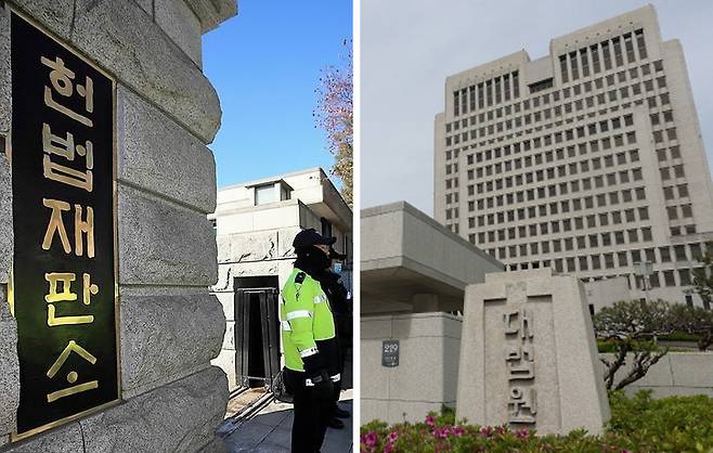 법치의 두 축인 대법원과 헌법재판소. 더불어민주당은 추석 전 국회 본회의 통과를 목표로 ‘대법관 30명 증원법’을 핵심으로 한 ‘사법개혁법’을 추진하고 있다. 연합뉴스