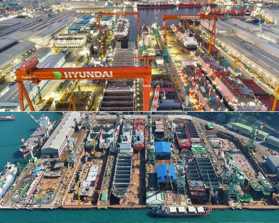 An aerial view of shipyards of HD Hyundai Heavy Industries, above, and HD Hyundai Mipo [HD HYUNDAI]