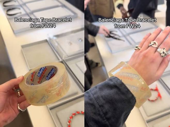 [뉴시스]일반 투명 테이프 롤에 발렌시아가 로고가 새겨져 있는 팔찌  '테이프 브레이슬릿(Tape bracelet)'을 4000달러(약 560만원)에 판매했다.(사진=인디펜던트).2025.08.26 *재판매 및 DB 금지