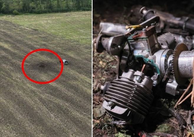 현지시간으로 25일 오후 에스토니아 타르투주(州) 아크레 마을의 한 농지에서 드론 잔해가 발견됐다. 사진은 드론이 추락하면서 생긴 분화구(왼쪽)와 드론 잔해(오른쪽).