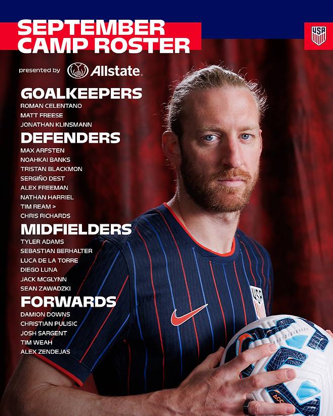 9월 한국·일본과의 A매치 평가전에 나서는 미국 축구대표팀 명단. /사진=미국축구연맹 SNS 캡처