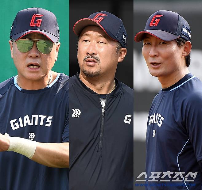 28일 부산 사직구장에서 열리는 KT-롯데전을 앞두고 김상진 투수코치, 이병규 타격코치, 김현욱 불펜코치(왼쪽부터)가 1군에 올라와 선수들을 지도하고 있다. 부산=정재근 기자 cjg@sportschosun.com/2025.8.28/