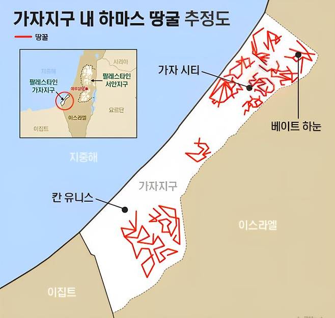 가자지구 하마스 땅굴 분포도. ⓒ 이스라엘방위군