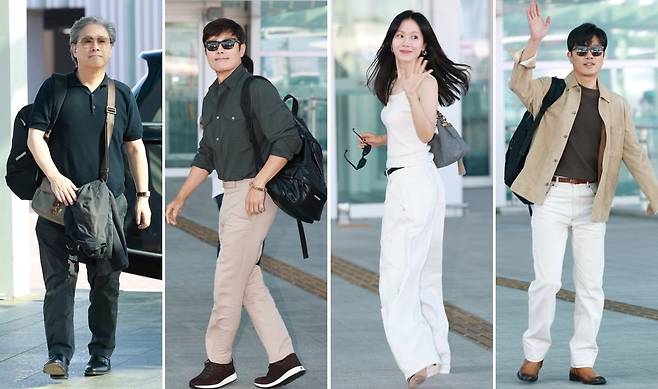 '어쩔수가없다' 박찬욱 감독(왼쪽부터)과 배우 이병헌, 손예진, 박희순이 베니스국제영화제 참석을 위해 27일 오전 인천국제공항을 통해 파리로 출국하고 있다. /사진=뉴스1