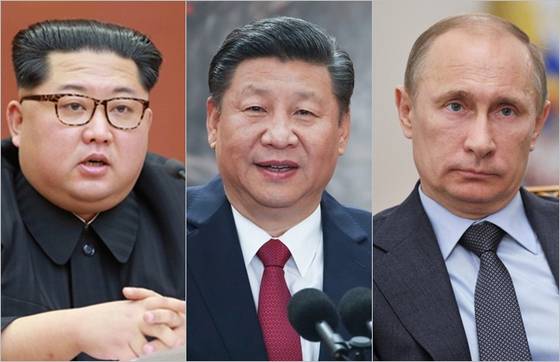 From left: North Korean leader Kim Jong-un, Chinese President Xi Jinping and Russian President Vladimir Putin [JOONGANG ILBO]