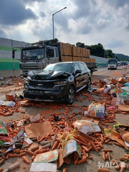 28일 오후 충북 괴산군 연풍면 중부내륙고속도로(양평 방향)를 달리던 화물차가 중앙분리대를 들이받아 당근 약 7톤이 쏟아지면서 2차 사고가 발생했다. 사고 현장의 모습. /사진=뉴시스(괴산소방서 제공)