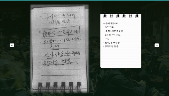 노상원 수첩에는 특별수사본부를 구성하고, 검사와 판사를 동원해 중앙지검에 본부를 설치한다는 식의 표현도 등장한다.