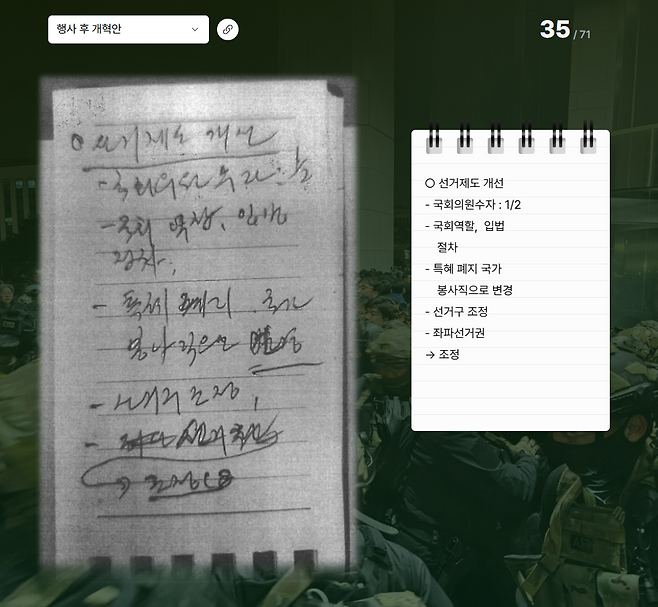 ‘노상원 수첩' 35쪽. 계엄 후 정치 제도 개혁안&nbsp;특별페이지 해당부분 화면 캡처