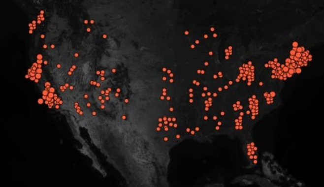 2022년 12월부터 지난 6월 사이 미국 전역에서 미스터리한 금속 구체가 목격된 장소를 표시한 지도. 에니그마 제공