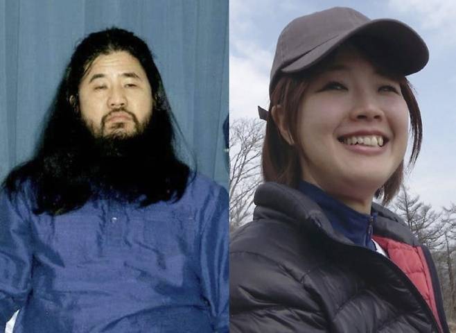사린가스 테러 사건을 일으킨 일본 옴진리교 교주 아사하라 쇼코의 1990년 모습(왼), 아사하라 쇼코의 셋째 딸 마쓰모토 리카(오)/AFP, EBS 다큐멘터리 영화 스틸컷