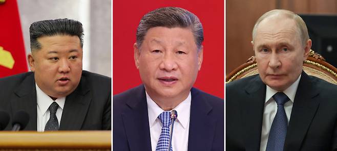 북한이 김정은 국무위원장의 중국 전승절 80주년 행사 참석을 공식 발표한 가운데 북-중-러 정상회동 가능성이 제기되고 있다. 한미·한일 정상회담을 계기로 한미일 협력이 가속화되는 가운데 북-중-러 3국도 밀착하는 국면이 만들어지며 동북아 외교 지형이 출렁이고 있다. 사진 왼쪽부터 김 위원장, 시진핑 중국 국가주석, 블라디미르 푸틴 러시아 대통령. 노동신문 뉴스1·AP뉴시스