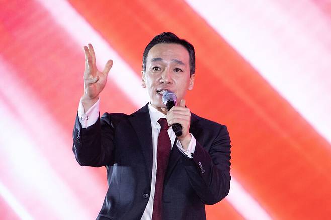 김민수 국민의힘 최고위원이 22일 충북 청주시 오스코에서 열린 제6차 전당대회에서 수락 연설을 하고 있다. 공동취재사진