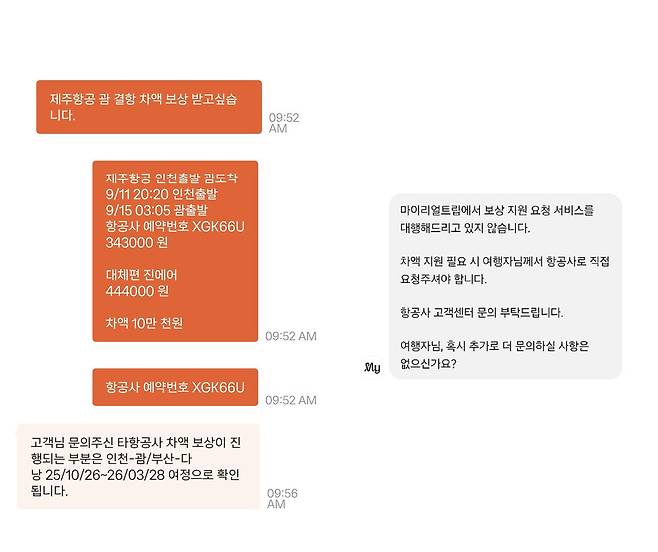 곽아무개씨가 제주항공에 대체편 차액 보상에 대해 문의한 내용(왼쪽), 곽씨가 여행사(마이리얼트립)에서 안내받은 내용(오른쪽). 곽씨 제공