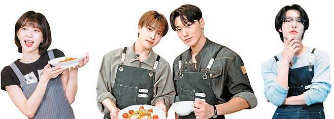 스스로 마음과 몸을 돌보고 건강하게 관리하는 법을 실천 중인 아이돌. 왼쪽부터 오마이걸 유빈, 에이티즈 홍중·산·민기. [사진 나승보·HOGER]