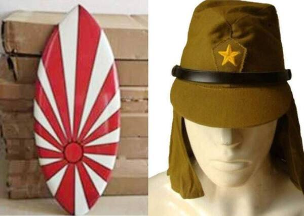 욱일기 문양 보드(왼쪽)와 제2차 세계대전 당시 일본군 모자(오른쪽). 서경덕 교수 제공