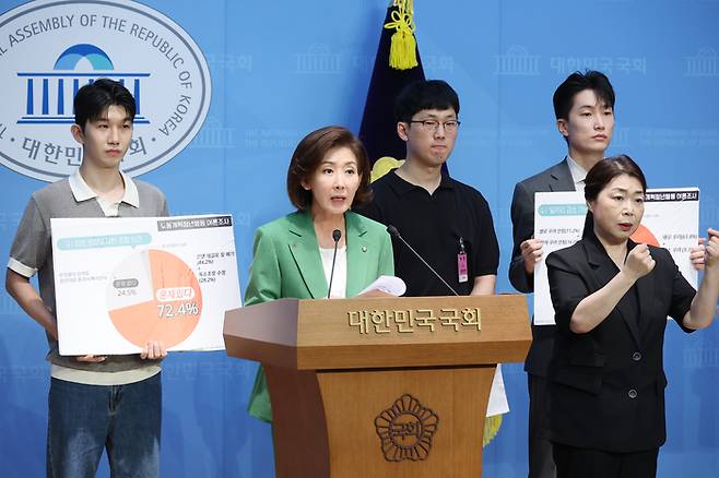 ‘노란봉투법 반대’ 노동개혁청년행동 기자회견 앞서 발언하는 나경원 의원. 맨 왼쪽이 극우 성향 유튜버 김찬혁 씨. [사진 연합뉴스]