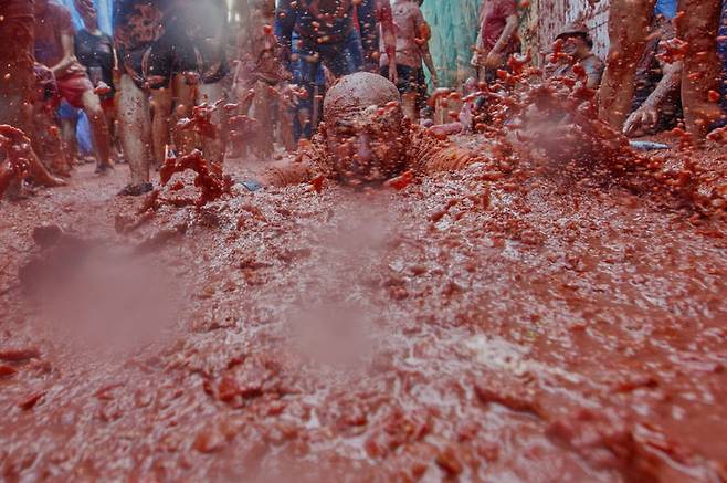 [부뇰=AP/뉴시스] 지난 27일(현지 시간) 스페인 발렌시아 인근 부뇰 마을에서 열린 연례 '라 토마티나' 축제에서 한 남성이 토마토 웅덩이에 몸을 던지고 있다. 이 축제는 매년 8월 마지막 수요일에 열리며 1945년경, 마을 축제 도중 우연히 시작된 토마토 던지기에서 유래한 것으로 알려져 있다. 2025.08.29.