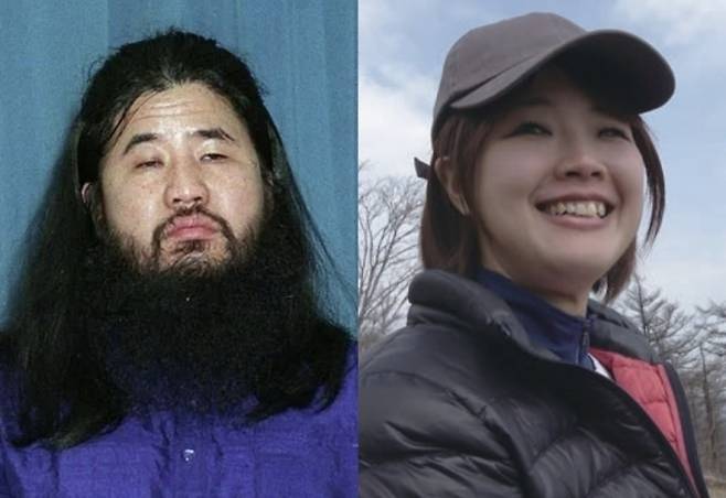 일본 사이비 종교 옴진리교 교주 아사하라 쇼코(왼쪽)와 그의 셋째 딸 마쓰모토 리카(오른쪽). 자료 : AFP 연합뉴스·EBS 국제다큐영화제