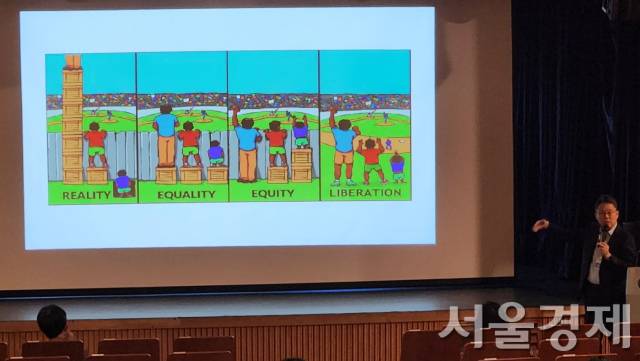 김형모 경기대 교수가 28일 국립민속박물관의 ‘문화소외 아동을 위한 박물관의 포용적 전시·교육’ 학술대회에서 ‘현실-평등-공정-자유’를 나타내는 유명한 삽화를 예로 들면서 문화소외 아이들에 대한 적절한 행동을 촉구하고 있다. 최수문기자