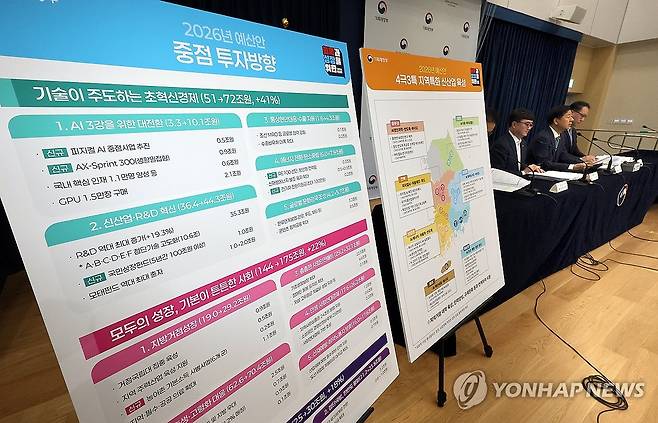 구윤철 부총리, 2026년 예산안 상세브리핑 (세종=연합뉴스) 배재만 기자 = 구윤철 부총리 겸 기획재정부 장관이 지난 28일 정부세종청사 중앙동 공용브리핑실에서 2026년도 예산안에 관해 설명하고 있다. 오른쪽부터 유병서 예산실장, 구 부총리, 임기근 2차관. 2025.8.29 scoop@yna.co.kr