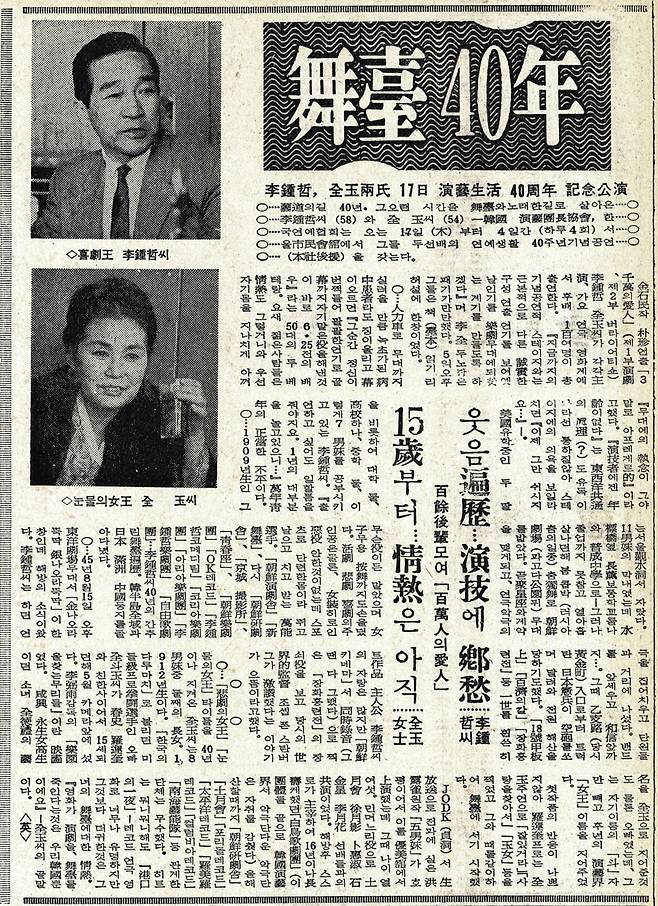 1966년 2월 17~20일 서울 시민회관에서 무대 인생 40주년을 기념하는 공연을 갖는다고 인터뷰한 전옥. 조선일보 1966년 2월6일자