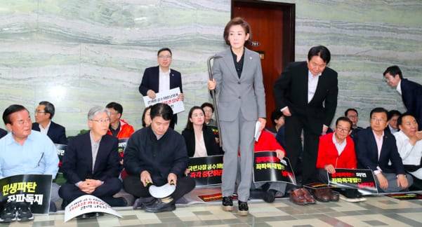 나경원 당시 자유한국당 원내대표가 지난 2019년 4월 26일 오전 국회 의안과 앞에서 열린 긴급 의원총회에서 노루발못뽑이(일명 '빠루')를 들고나오고 있다. 의총 사회를 본 김정재 의원은 "대표께서 들고나온 이 빠루는 어제 7층 의안과의 문을 부수기 위해 민주당인지 경호과인지 정확지는 않지만 (그들로부터) 저희가 뺏은 겁니다"라고 설명했다. /연합뉴스