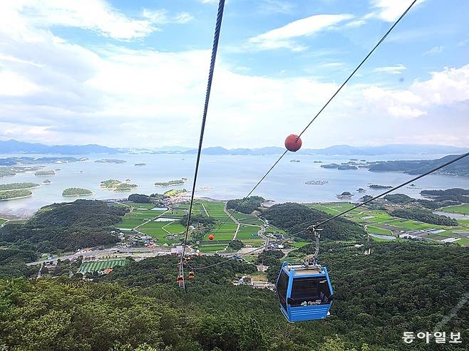 하동 금오산을 오르는 플라이웨이 케이블카에서 바라본 남해 다도해 풍경.