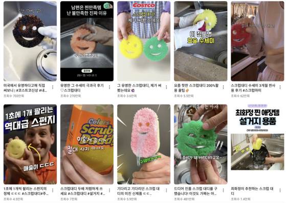 유튜브 숏츠에 올라온 스크럽대디 제품 관련 후기 및 자발적 바이럴 영상. 유튜브 캡처