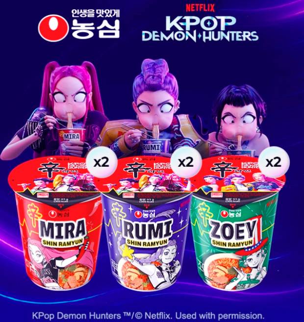 농심이 넷플릭스 애니메이션 영화 ‘케이팝 데몬 헌터스’와 협업해 선보인 한정판 컵라면. [ 농심]