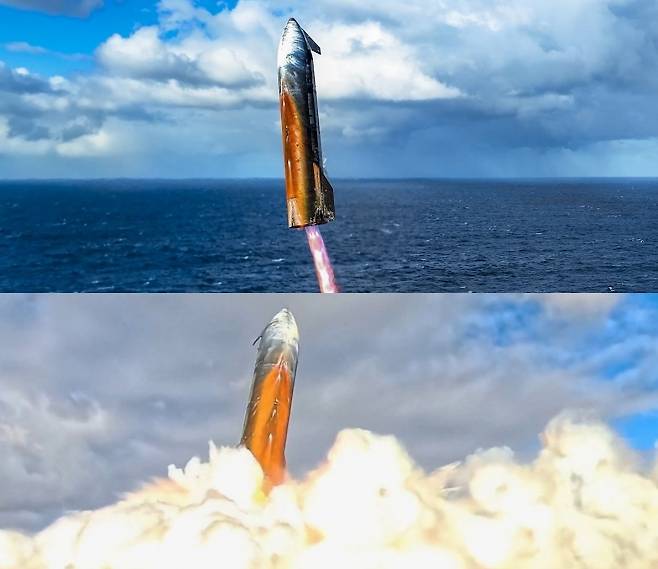 스페이스X의 대형 우주선 스타십이 인도양에 착수하고 있다. 스페이스X 제공