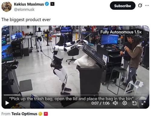 테슬라 최고경영자(CEO) 일론 머스크가 휴머노이드 로봇 ‘옵티머스’가 작업하는 모습을 SNS 엑스(X) 게시했다. 자료=X. 재판매 및 DB 금지