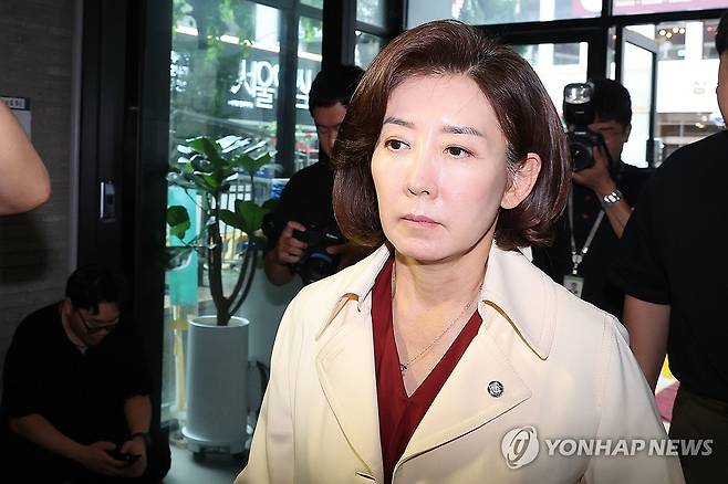 압수수색 중인 당사로 들어가는 나경원 의원 (서울=연합뉴스) 박동주 기자 = 국민의힘 나경원 의원이 13일 김건희특검이 압수수색 중인 여의도 국민의힘 당사로 들어가고 있다. 2025.8.13 pdj6635@yna.co.kr
