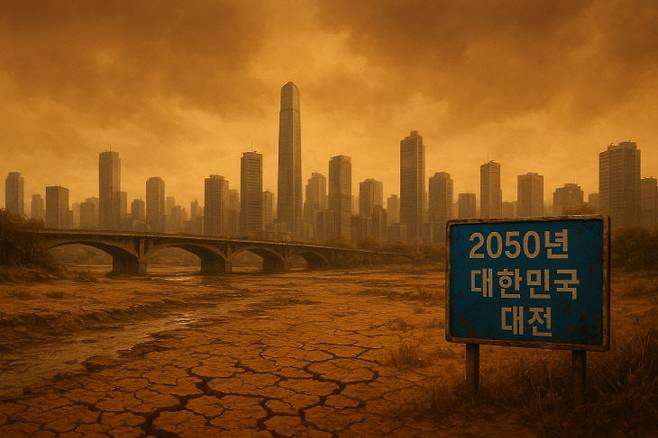 대화형 인공지능(AI) 챗봇이 기후변화 속 2050년 대한민국을 예측한 모솝. 가뭄으로 쩍쩍 갈라진 땅과 어두운 하늘, 빼곳한 빌딩이들어섰음에도 생명의 기운을 찾아볼 수 없는 도심 풍경이다. &nbsp;(그래픽=이성희 기자)