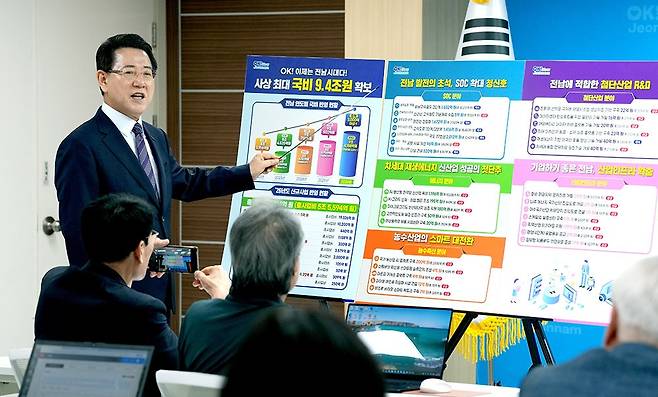 김영록 전남지사가 지난 29일 도청 브리핑룸에서 ‘2026년도 정부예산안’에 포함된 지역 현안 사업을 설명하고 있다. <전남도 제공>